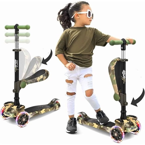 Scooter de 3 Ruedas Hurtle para Niños y Niñas 1 Año en Adelante, Patin del Diablo, Luces LED en las Ruedas, Manillar Ajustable y Asiento Plegable, Modo Sentado o de Pie con Freno, Camuflado