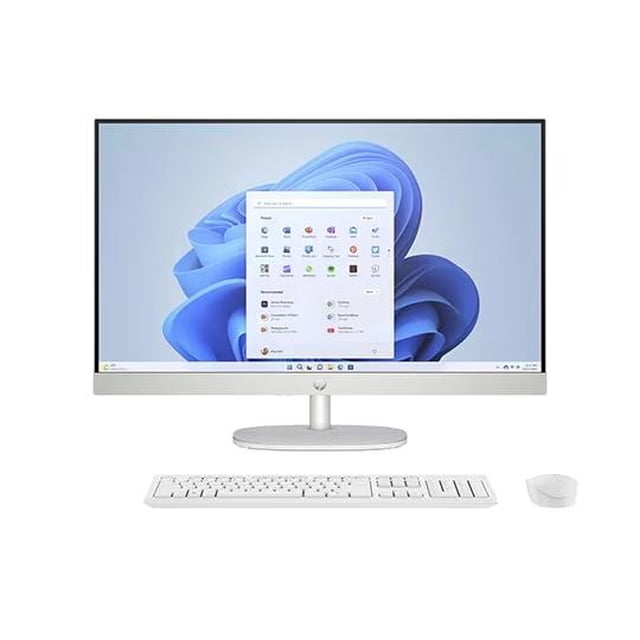 all in one hp 27 cr0253la amd ryzen 5 16 gb ssd 512 gb 27 pulgadas fhd windows 11 home computadora todo en uno 27 pulgadas con biseles delgados y soporte central, pantalla FHD mostrando Windows 11, teclado y mouse inalámbricos incluidos; apta para productividad y creación de contenido y a menudo usada también como estación multimedia.