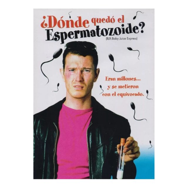 dvd donde quedo el espermatozoide zima 2004 audio ingles subtitulos español region 1 y 4 — portada frontal con hombre de torso visible en chaqueta negra y camiseta rosa sosteniendo un tubo de ensayo; fondo blanco con ilustraciones de espermatozoides y el texto de portada "Eran millones... y se metieron en el equivocado.".