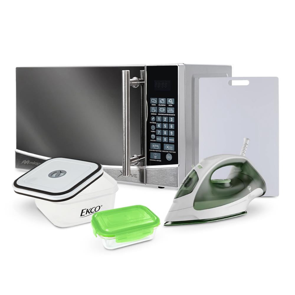Combo de Microondas Mirage de 0.7 Pies³ MWD020E Silver + Plancha de Vapor Ligera, Fácil de Manejar GCSTBS3803VER + Contenedores para alimentos