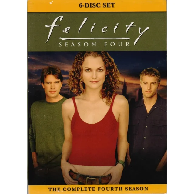 felicity temporada cuarta 4 importada dvd Caja frontal de DVD de la serie Felicity, vista centrada de la protagonista con top rojo y cabello rizado, acompañada por dos personajes masculinos a ambos lados; banda superior amarilla con "6-DISC SET" y franja inferior que indica "THE COMPLETE FOURTH SEASON".