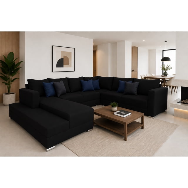 sala esquinera en u el bazar store corbel negro 200x315x255 cm moderna tipo en u sala esquinera en U color negro, vista 3/4 frontal con chaise longue a la izquierda; modular de tres piezas que permiten 4 configuraciones, tapizado en tela lino nacional negra, cojines con hule espuma de alta densidad y delcron greña, patas metálicas cortas, profundidad 90 cm, alto 85 cm; ambientada sobre tapete claro con mesa de centro de madera, ideal para zona de entretenimiento o descanso en salas amplias.