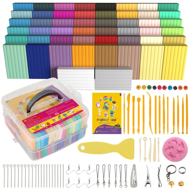 kit de modelado de arcilla polimérica AESTD-ST 50 colores para niños y artistas, set con 50 barras de arcilla en tonos pastel y vivos organizadas en filas, caja de almacenamiento de plástico de dos capas con asa transparente, juegos de herramientas amarillas y metálicas de esculpir, moldes pequeños y manual, pensado para modelar y hornear; también suele usarse como kit de iniciación para proyectos de manualidades.