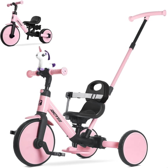 Triciclo RIDYEE 5 en 1 convertible para niños, triciclo de empuje, color rosa, 1,5 a 3 años