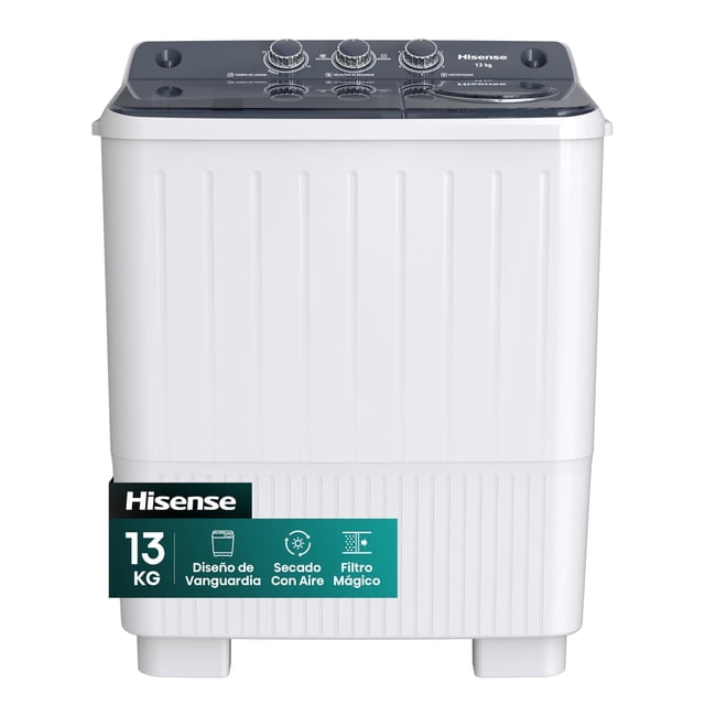 hisense lavadora doble tina wsa1304p semiautomática 13 kg con temporizador de lavado y centrifugado, vista frontal centrada de carga superior en blanco con tapa gris y panel con tres perillas, doble tina y logotipo Hisense visibles; dimensiones 80x47x98 cm. A menudo usada para enjuagar prendas delicadas por separado.