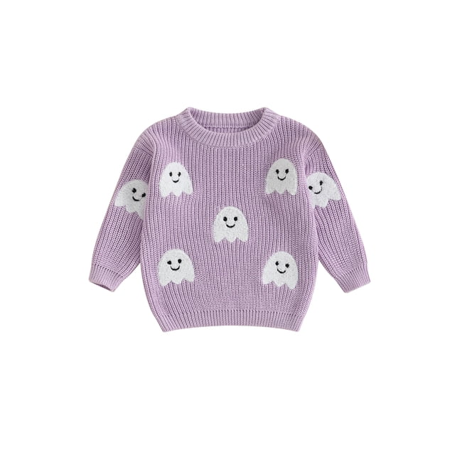Suéter de punto de Halloween para niñas, manga larga, cuello redondo, bordado de fantasmas, jersey de punto