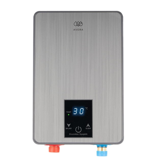 calentador de agua electrico instantáneo 220v, 1.5 servicios, pantalla táctil control de temperatura de 30° a 55°c avera ce01 vista frontal gris compacto 19 x 28 cm con pantalla LCD mostrando 30°C, panel táctil con botones subir/bajar y encendido, salidas inferiores marcadas en rojo y azul, arranque automático con baja presión e IPX4; también suele usarse para suministro instantáneo en lavaderos o regaderas en espacios pequeños.