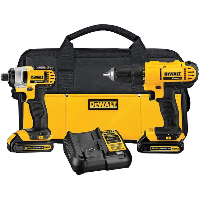 taladro y destornillador de impacto inalámbricos dewalt 20v max dewalt dck240c2 Kit combo DEWALT 20V MAX con taladro DCD771 y atornillador de impacto DCF885 en amarillo y negro, empuñaduras texturizadas, 2 baterías 20V, cargador y funda de transporte; también adecuado para proyectos de bricolaje en casa.