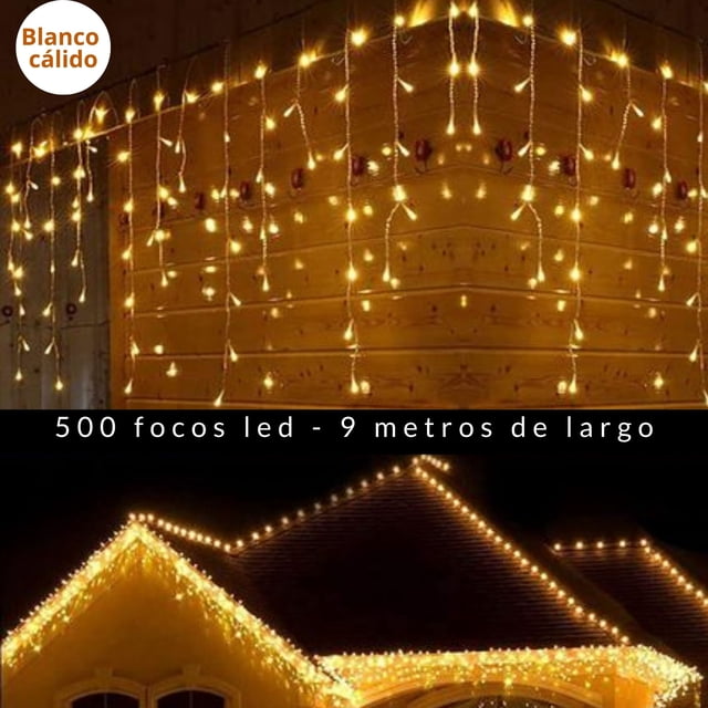 cascadas de luces led blanco cálido 9mts 500 luces navideñas dosyu dy-ice500l-csc cortina de 9 m con 500 focos LED de luz cálida en hilos verticales irregulares sobre fachada y borde de techo, detalle de cable flexible y caída, adecuada para interior y exterior, 8 modos de iluminación, almacenamiento compacto; también se usa a menudo para ambientar bodas y fiestas.
