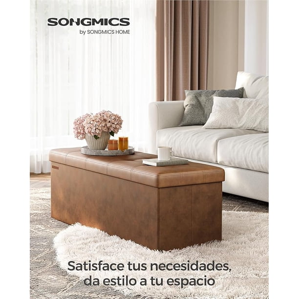 SONGMICS Puff Almacenaje, Banco de Almacenamiento, 38 x 110 x 38 cm, Soporta hasta 300 kg, para Sala de Estar, Dormitorio, Entrada, Marrón Café