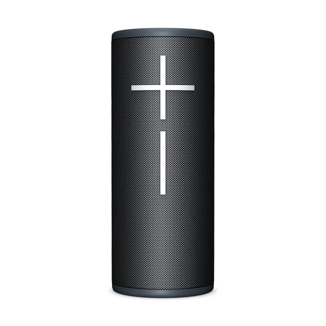 ultimate ears boom 4 portable waterproof bluetooth speaker with 360-degree, bold, immersive, crystal-clear sound, floating speaker with 15-hour battery and 147ft (45m) range - black centered front-facing cylindrical black UE BOOM 4 speaker with textured mesh grille and prominent white plus/minus volume symbols, matte top and bottom caps on a white background; 360° Bluetooth portátil, IPX7 resistente al agua, 15 horas de batería y compatible con emparejamiento PartyUp para varios parlantes.