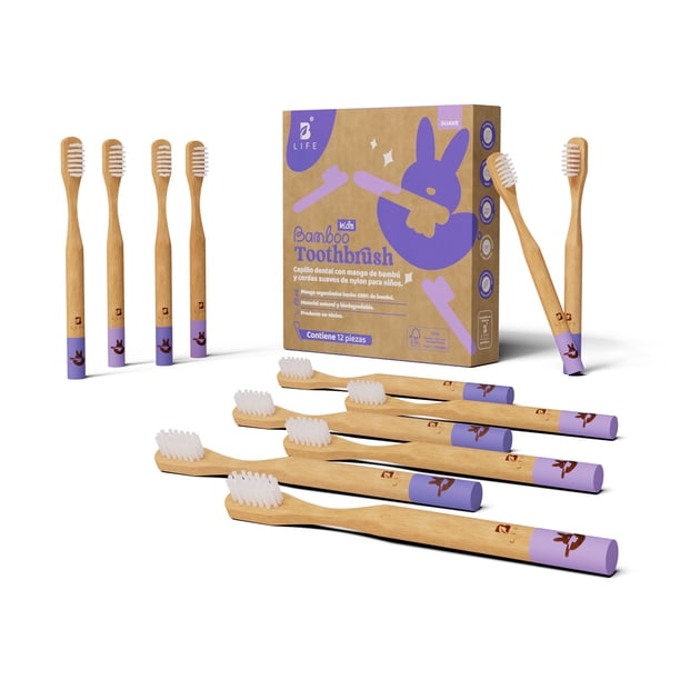 Cepillos Dentales de Bambú para Niños | Kit de 12 piezas | Cerdas Suaves de Nylon sin BPA | B Life