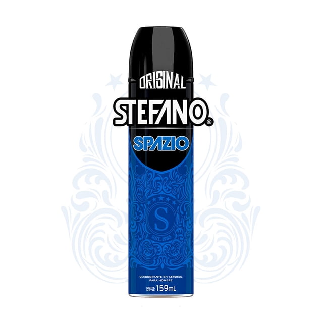 desodorante hombre stefano spazio antitranspirante en aerosol 159 ml frente, envase aerosol con tapa negra y cuerpo azul con patrón ornamental, logos Stefano y SPAZIO visibles, indicado 159 ml; fragancia acuosa con fondo amaderado y notas de lavanda según especificaciones, para protección contra el mal olor.