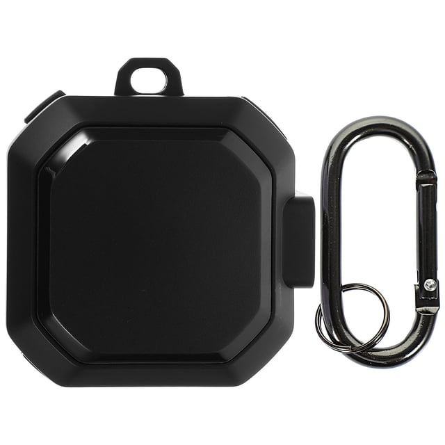 goohochy 1 conjunto de funda protectora de auriculares inalámbricos cubierta de audífonos compatible para galaxy buds live / pro, funda negra de TPU vista frontal, carcasa octogonal compacta con cierre lateral y ojillo superior para mosquetón; mosquetón metálico negro a la derecha; acabado mate, recorte para puerto de carga visible; diseñada para proteger contra arañazos y polvo y para colgar en mochila.