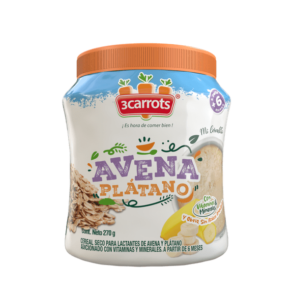 3Carrots Cereal para Bebé de Avena, Plátano 270 g Sin Azúcar Añadida
