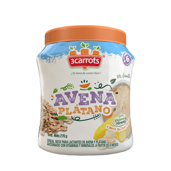 3Carrots Cereal para Bebé de Avena, Plátano 270 g Sin Azúcar Añadida