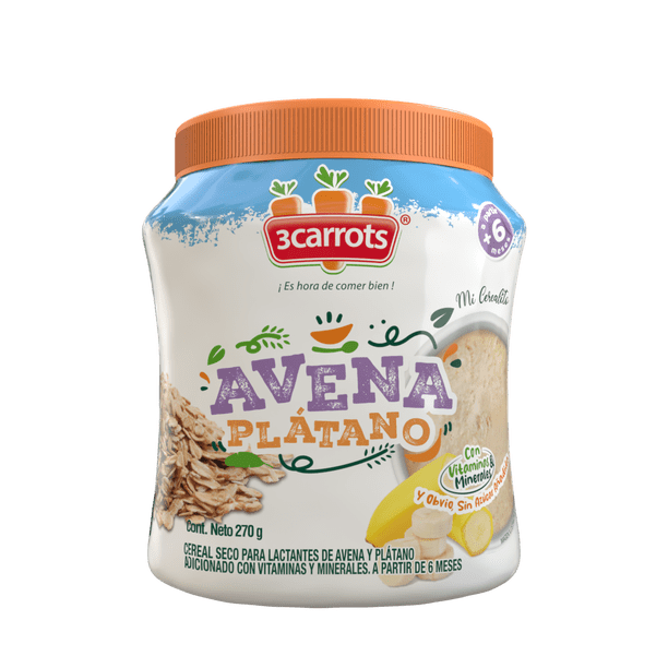 3Carrots Cereal para Bebé de Avena, Plátano 270 g Sin Azúcar Añadida