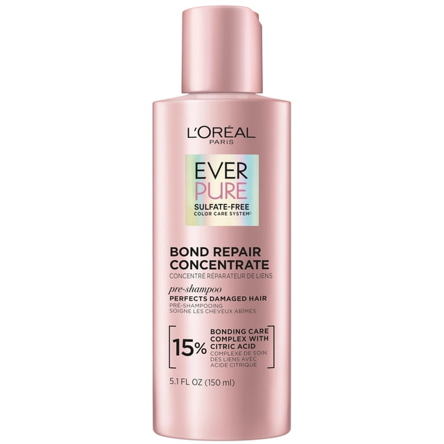 tratamiento previo al champú l'oreal paris everpure bond repair 150 ml, botella frontal rosada metálica de 150 ml con tapón a presión; etiqueta muestra logo L'Oréal Paris, EverPure, Bond Repair Concentrate, 15% bonding care complex y 5.1 FL OZ (150 ml); indicado para cabello teñido, decolorado o dañado, uso antes del champú. Suele usarse también para preparar mechones muy dañados antes de tratamientos de salón.