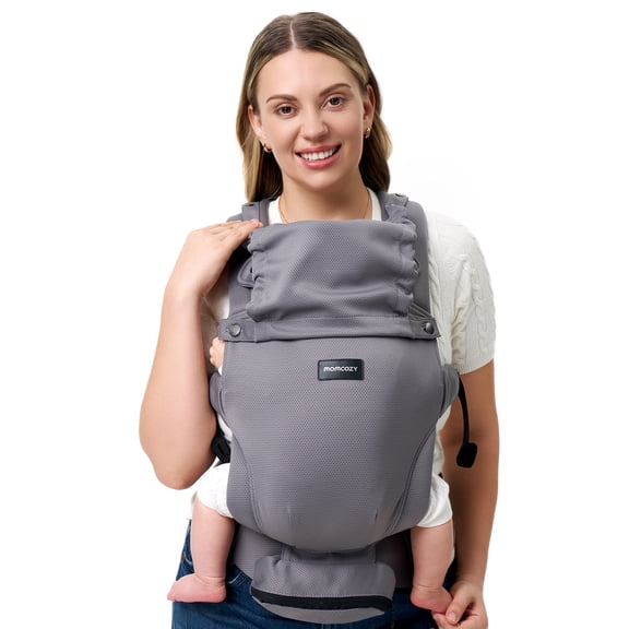 Momcozy Portabebé Cangurera Bebé Recién Nacido, Portabebés Ergonómico, Cómodo Y Ligero Para 3,5-10,5 kg, Soporte Para El Cuello Ajustable Con Parasol, Malla Transpirable, Gris Oscuro Modelo CR02