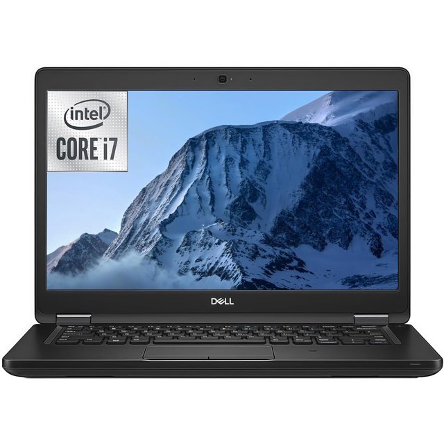 laptop dell latitude 5490 14" fhd reacondicionada — Vista frontal centrada de la Dell Latitude 5490 en color negro, pantalla 14" Full HD (1920×1080) IPS antirreflejo con fondo montañoso; teclado retroiluminado y webcam integrados en el bisel superior; chasis compacto con bisagras visibles, diseñada para productividad empresarial y multitarea; suele usarse también para trabajo en viaje.