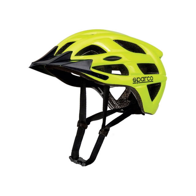 sparco casco ligero aerodinámico para bici y scooter se300yl normativa ce casco amarillo Sparco SE300YL, vista lateral derecha con visera negra; carcasa In-Mold de policarbonato y núcleo de poliestireno expandido, 21 orificios de ventilación visibles y correas negras ajustables con hebilla. Peso 250–270 g, tallas 53–61 cm (circunferencia); certificado CE/EN1078. Diseño aerodinámico para uso urbano; suele utilizarse también como casco compacto para viajes cortos.