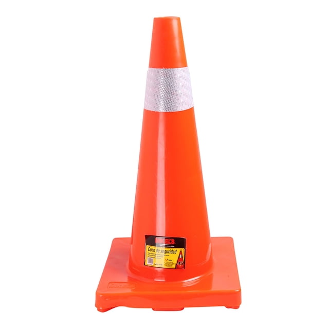 cono de seguridad con reflejante mikels 70 cm seguridad vial Cono naranja de 70 cm, vista frontal con silueta cónica y base cuadrada reforzada; banda reflejante de 10 cms en el tercio superior y etiqueta MIKEL'S en la base. Fabricado en PVC con protección UV. A menudo usado para señalización vial o delimitación temporal en eventos.