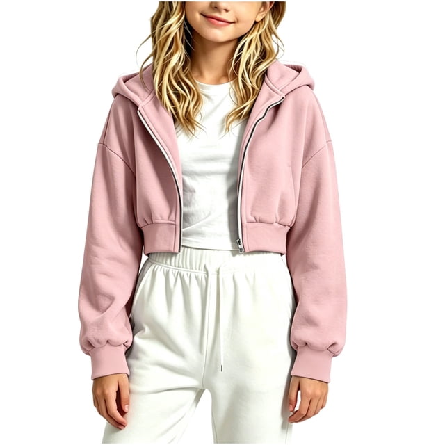 Sudadera con capucha y cremallera de manga larga de color liso para niñas, estilo casual y holgado, ideal para invierno, tallas 120-170.