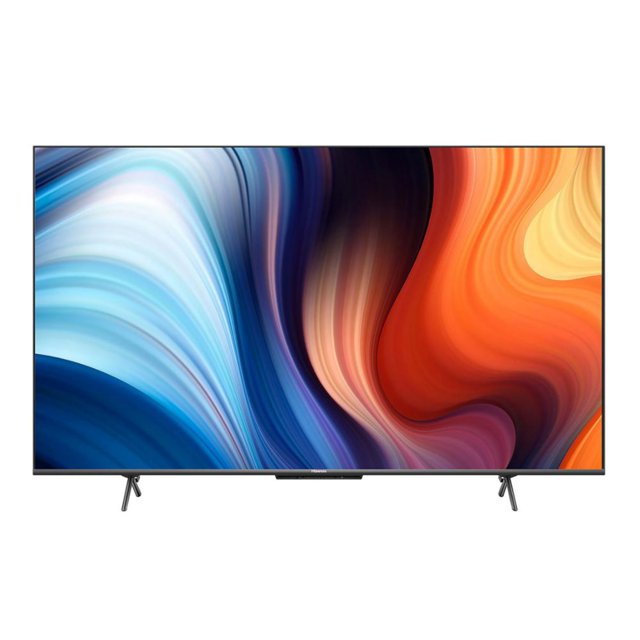 tv 55 pulgadas uled hisense ultra hd 4k quantum dot smart tv 55u65h televisor 55" frente centrado con bisel muy delgado y patas soporte en ángulo; pantalla multicolor muestra un degradado azul a naranja; incorpora Quantum Dot y Full Array Local Dimming según especificaciones y Google TV como sistema operativo; también suele usarse como pantalla principal para streaming y cine en casa.
