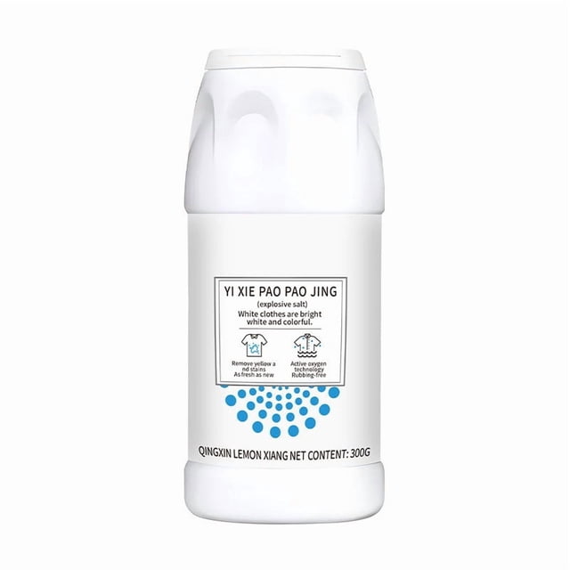limpiadores domésticos ropa sin amasar zapatos sin amarilleamiento neto fuente percarbonato de sodio Envase blanco cilíndrico de 300 g con tapa de rosca, etiqueta frontal con iconos de ropa y calzado, texto y gotas azules; polvo de percarbonato indicado para blanqueado y quitamanchas, suele usarse en remojo para prendas y zapatos sin frotar.
