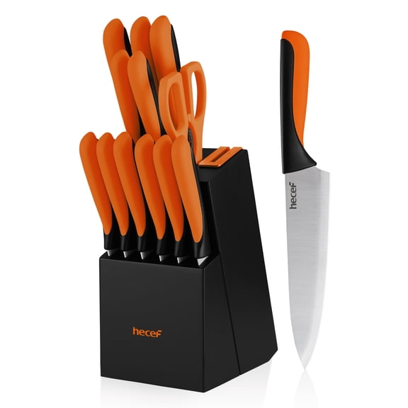 Juego de Cuchillos de Cocina hecef de 13 Piezas con Afilador Integrado - Naranja