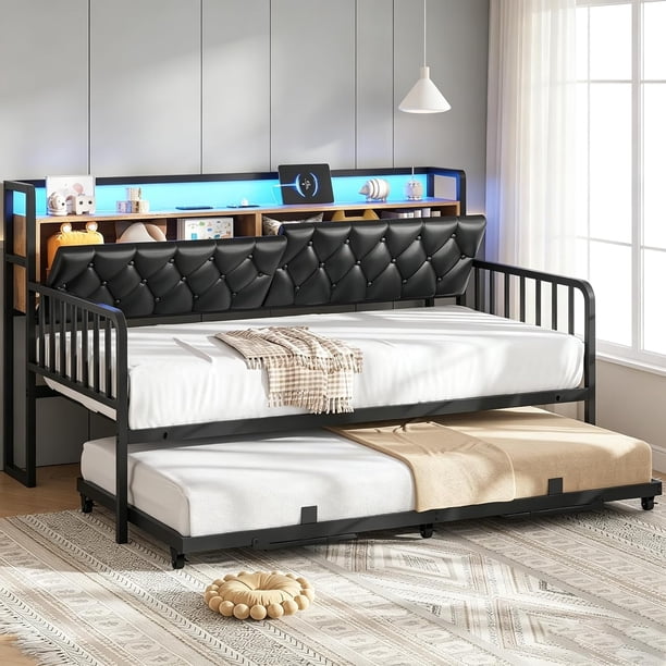 Wumubs Sofá Cama con Nido y Cabecera con Almacenamiento, Convertible de Individual a King Size,Tapizado con Estación de Carga y Luces LED, Ideal para Sala o Dormitorio, 196 x 112.5 x 107 cm (Negro)