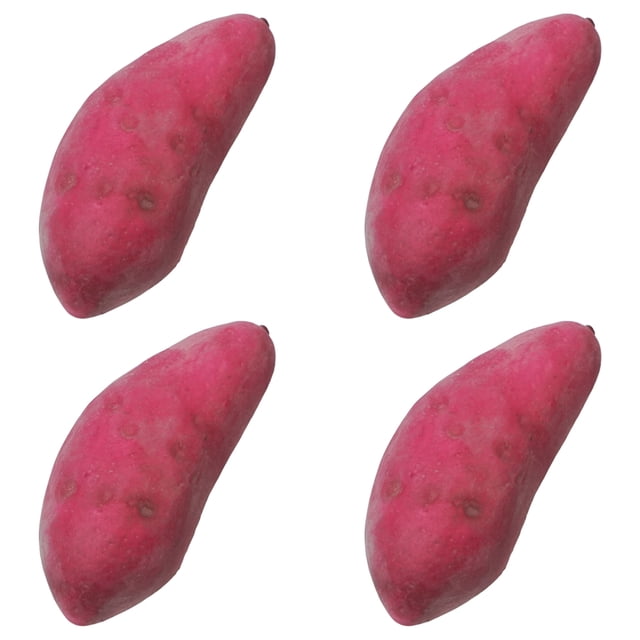 4pcs de espuma artificial realista de camote de camote decoraciones de batata disparando accesorios Conjunto de cuatro batatas artificiales color púrpura, espuma moldeada con textura irregular y pequeñas marcas, cada una de aprox. 12.5 x 5.1 x 4.9 cm; frontal, dispuestas en cuadrante sobre fondo blanco; aptas como decoración, utilería fotográfica o herramienta didáctica.