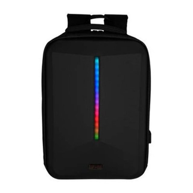 mochila vorago bp-500 (bp-500) Mochila negra con panel frontal rígido y tira vertical de luz RGB multicolor configurable por app, puerto USB lateral, compartimento para laptop hasta 15.6 pulgadas, asas acolchadas y cuerpo de poliéster, peso aproximado 1 kg. A menudo usada también para transportar equipos de oficina y accesorios electrónicos en viajes cortos.