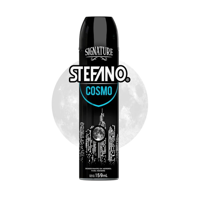 desodorante hombre stefano cosmo antitranspirante en aerosol 159 ml — Envase cilíndrico frontal negro con tapa negra, logo STEFANO en blanco y texto COSMO en azul, gráfico de rascacielos y luna en el cuerpo; presentado sobre fondo blanco, envase de 159 ml.