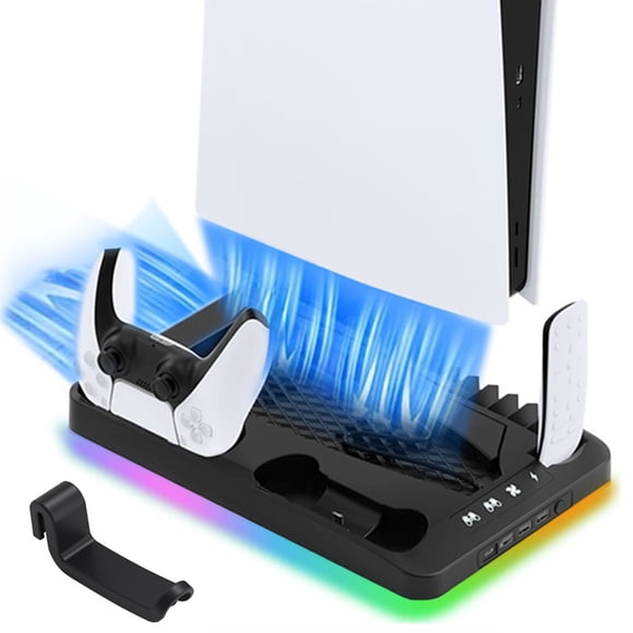 Soporte de refrigeración para consola PS5 / PS5 Slim, con cargador de mando, 4 puertos USB, 16 soportes para cartuchos de juegos y soportes para dispositivos multimedia remotos accesorios