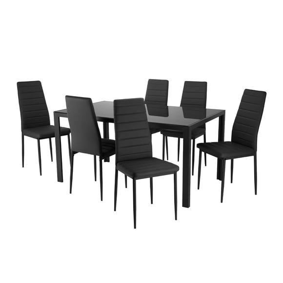 Juego de Comedor Mesa De Vidrio 6 Sillas De Metal Asiento Acojinado KingsHouse negro