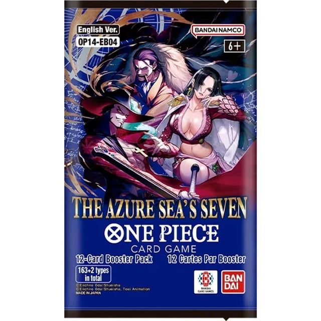 one piece tcg: the azure sea's seven sleeved booster pack (op-14) - 12 cards Vista frontal del paquete con arte azul y tres personajes de One Piece en poses dinámicas; título THE AZURE SEA'S SEVEN y logo ONE PIECE al centro; etiquetas 'English Ver. OP14-EB04', '12-Card Booster Pack' y logotipo Bandai visibles. También suele usarse para sesiones de draft casual.