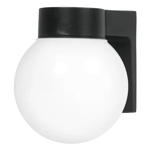 paq 4 volteck arbotante esferico lait 47286 arb-001s Nuevo paq de 4 arbotantes esféricos Volteck con pantalla de vidrio blanca y soporte de aluminio negro; vista frontal centrada del globo opal para foco 100W montado en placa mural rectangular, adecuado para iluminación exterior y pasillos y que también suele usarse en terrazas pequeñas.