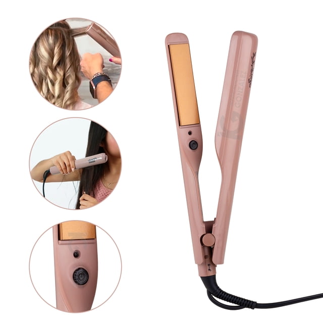 plancha de cabello argán timco profesional ptor nude, vista 3/4 frontal con placas flotantes color dorado y cuerpo retorcido; botón de encendido y cable giratorio visibles; recuadros muestran uso para alisar y moldear mechones y primer plano del control; incluye acondicionador de argán según especificación y es adecuada para definir puntas y rizos sueltos.
