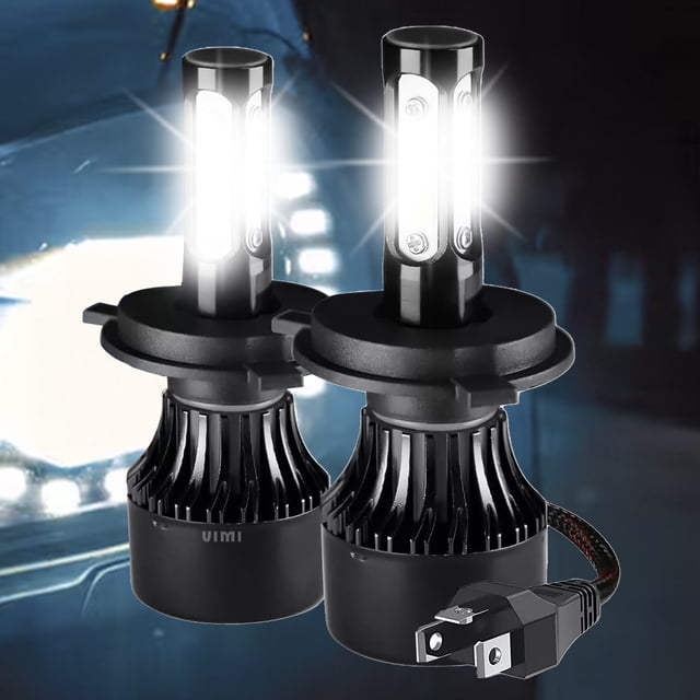 kit 2 focos led modelo h4 luz blanca de 4 lados para auto VIMI — Par de faros H4 LED blanco con cuerpo cilíndrico y disipador de aletas negro, base de montaje plana y conector visible; cada bombilla muestra cuatro caras emisoras que forman un haz concentrado para iluminación vial; a menudo usado también para actualizar la iluminación de autos compactos.