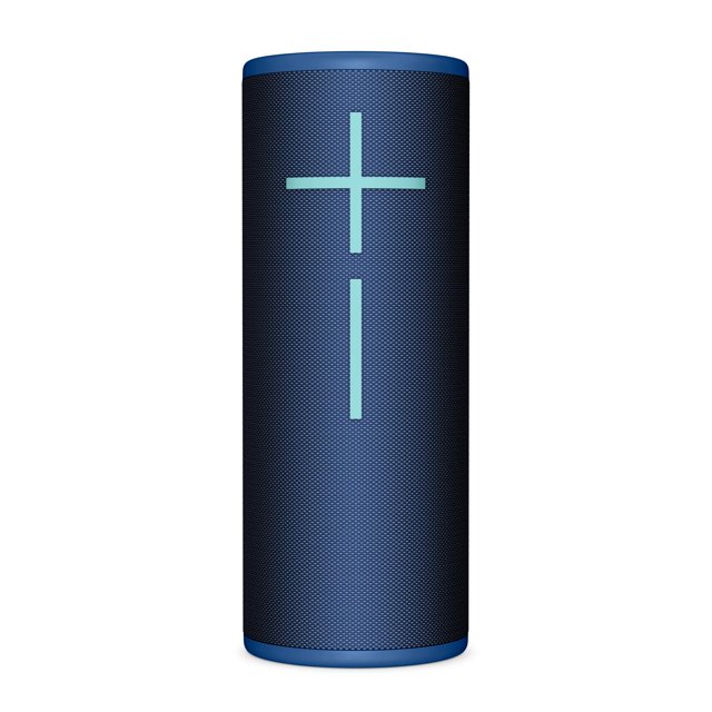 ultimate ears boom 4 portable waterproof bluetooth speaker with 360-degree, bold, immersive, crystal-clear sound, floating speaker with 15-hour battery and 147ft (45m) range - blue Vista frontal centrada de un altavoz cilíndrico Ultimate Ears BOOM 4 en azul con rejilla textil completa, símbolos grandes de volumen vertical (+/–) en azul claro, tapas redondeadas superior e inferior y fondo blanco. Diseño 360 grados y superficie texturizada; a menudo se usa para emparejar varios parlantes Ultimate Ears.