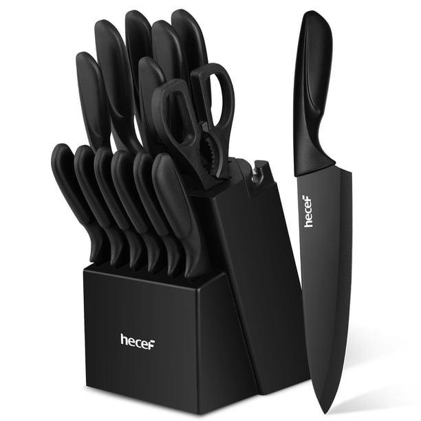 Juego de Cuchillos de Cocina hecef de 15 Piezas con Bloque de Madera - Acero de Alto Carbono, Negro
