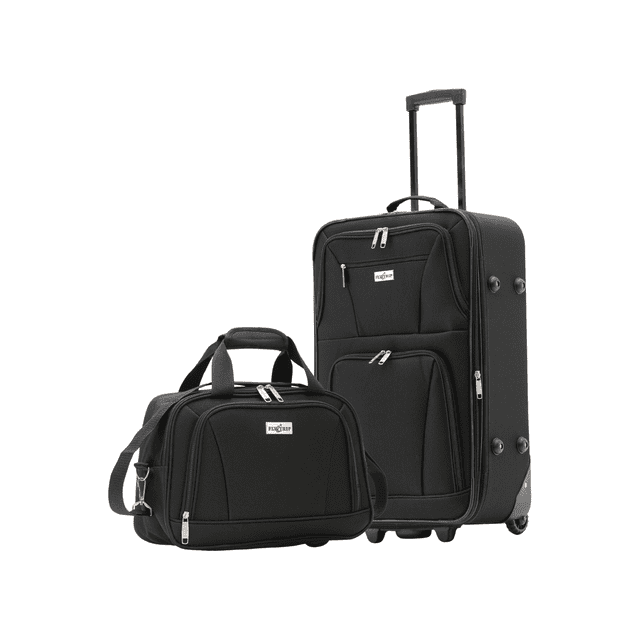 set maleta de tela 20 in expandible y neceser impermeable Fly and Trip negro, equipaje de mano con capacidad expandible; maleta de 20" (51×35×20 cm) con mango telescópico ajustable, 2 ruedas en línea, tope de estabilidad y 2 bolsillos frontales con cierre; neceser de 15" (25.4×35.5×12.7 cm) en poliéster con correa de hombro acolchada y cremallera, apto también para organizar artículos de tocador durante viajes.