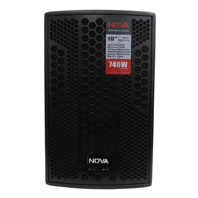 bafle amplificado huawei nova tx10 de 10' 370w rms bluetooth frente centrado con rejilla hexagonal negra y carcasa MDF con acabado polyurea, logo NOVA retroiluminado en la parte inferior, etiqueta frontal con cifra de potencia, DSP integrado y orificio para poste visibles; incluye entrada combo XLR/6.3mm y RCA y salida XLR según especificaciones; también suele usarse para pequeños eventos o DJs móviles.