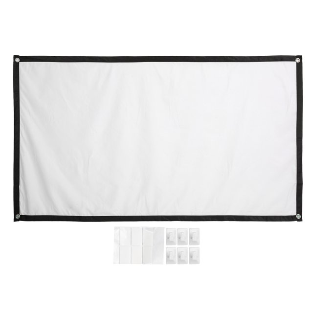 pantalla de proyector de 84 pulgadas 16:9 portátil, vista frontal rectangular con borde negro y superficie blanca de poliéster antiarrugas; seis ojales metálicos visibles y kit con 6 ganchos y 6 adhesivos debajo; adecuada para cine en casa, presentaciones y uso interior o exterior con ángulo de visión de 180 grados.