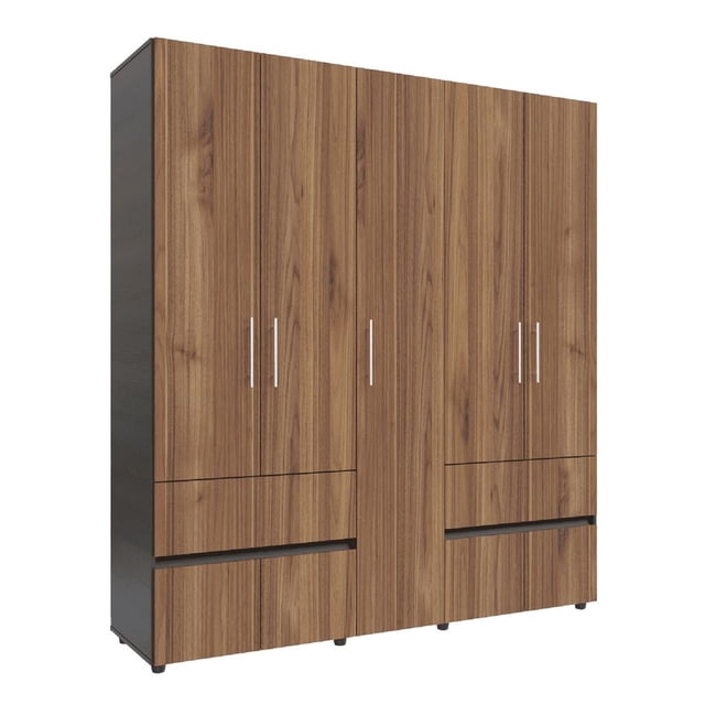 ropero closet venecia 180cm marron ropero de 180 cm color marrón con acabado tipo madera; vista frontal centrada con cuatro puertas y tiradores metálicos verticales, dos cajones inferiores anchos y espacio para zapateros. Diseño sutil y moderno, ideal para colgar ropa y organizar con entrepaños; también suele emplearse para almacenar ropa de temporada en dormitorios compactos.