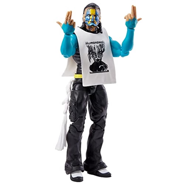 figura de acción WWE Mattel Jeff Hardy Top Picks Elite Collection con accesorios, figura articulada multicolor en vista frontal 3/4; camiseta sin mangas blanca con gráfico negro, guantes azul turquesa, pantalones negros con bolsillos, cinturón amarillo, pañuelo blanco colgante y botas negras con suela blanca sobre fondo blanco; suele usarse también para display en vitrinas.