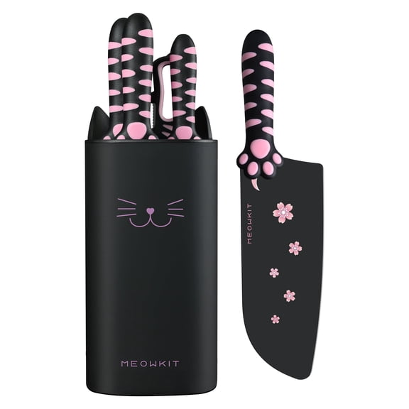 Juego de Cuchillos Meowkit de 5 Piezas con Bloque de Gato - Acero de Alto Carbono, Negro