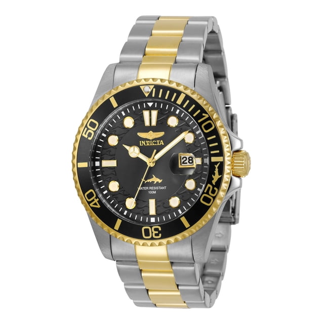 reloj invicta 30023 hombre acero reloj Invicta 30023 en acero inoxidable bicolor plata y dorado, vista frontal centrada; caja redonda con bisel giratorio negro y marcadores dorados, esfera negra con índices luminosos redondos, aguja de segundos dorada y ventana de fecha a las 3; brazalete de eslabones cepillados plata con franja central dorada. a menudo usado como accesorio de vestir para eventos formales.