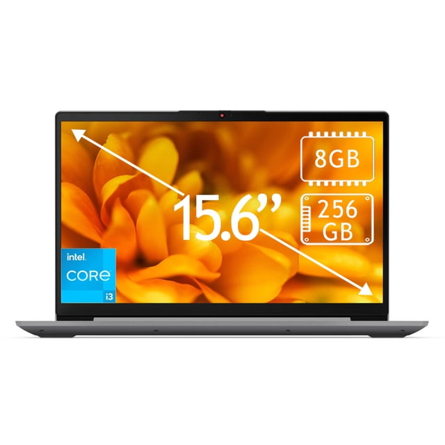 laptop lenovo 15.6" touch core i3 8gb 256gb gris 82h803sdus Vista frontal centrada de laptop gris Lenovo IdeaPad 3i con pantalla táctil 15.6" Full HD y biseles delgados; cámara con obturador de privacidad en el marco superior; en pantalla se muestran iconos de Intel Core i3, 8 GB RAM y 256 GB SSD sobre fondo blanco; adecuada para trabajo y estudio en casa.